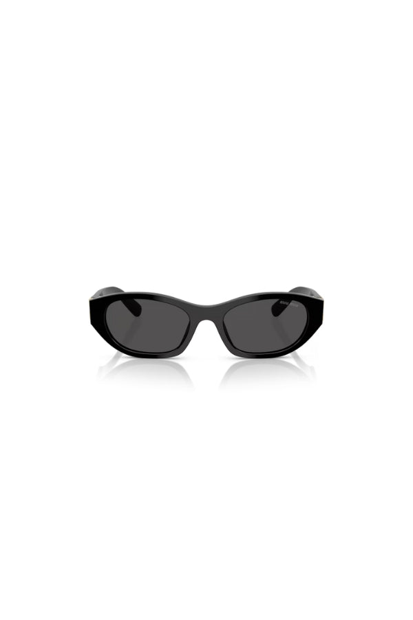 MU A03S Black by Miu Miu, bold irregular black acetate frames with dark grey lenses and iconic vertical logo hinges, perfect for trendy, modern looks.