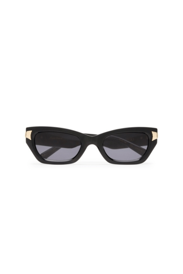 The Cameron Black by Luv Lou, luxurious rectangular cat eye frames in black acetate with gold scalloped details, perfect for chic, elegant looks.