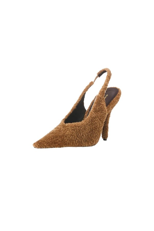 Lorna Camel Shearling by Alias Mae, elegant slingback heels in 100% shearling with a pointed toe and 10.5cm heel, blending style and comfort.