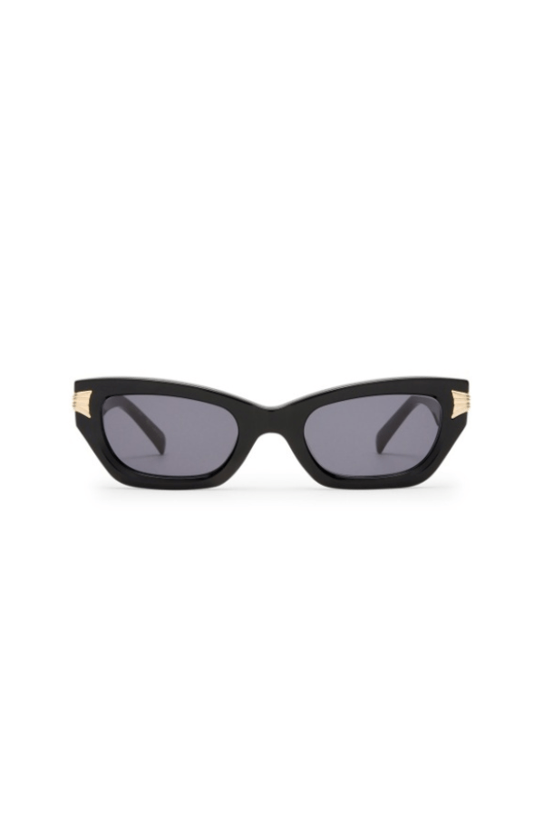 The Cameron Black by Luv Lou, luxurious rectangular cat eye frames in black acetate with gold scalloped details, perfect for chic, elegant looks.