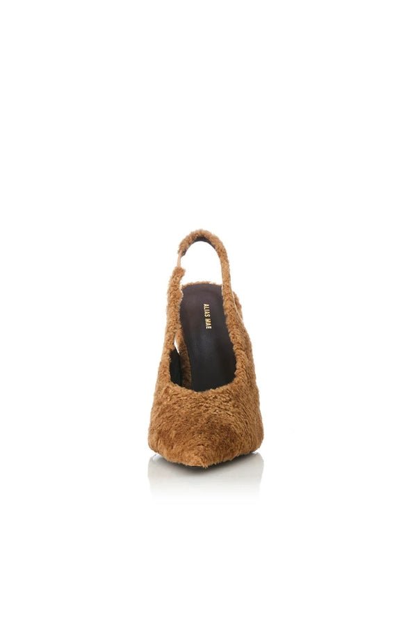 Lorna Camel Shearling by Alias Mae, elegant slingback heels in 100% shearling with a pointed toe and 10.5cm heel, blending style and comfort.