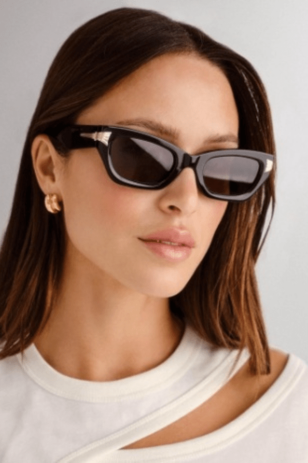 The Cameron Black by Luv Lou, luxurious rectangular cat eye frames in black acetate with gold scalloped details, perfect for chic, elegant looks.