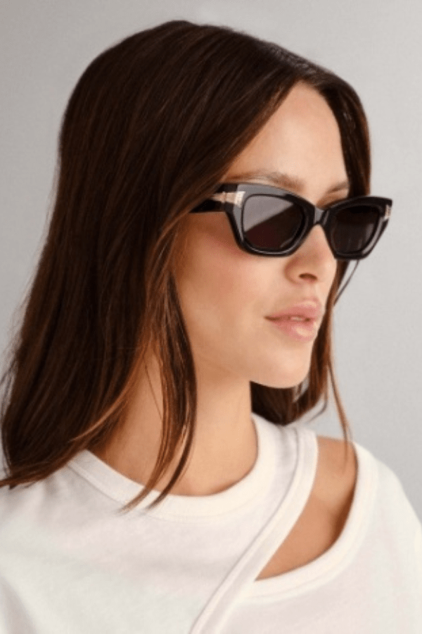 The Cameron Black by Luv Lou, luxurious rectangular cat eye frames in black acetate with gold scalloped details, perfect for chic, elegant looks.