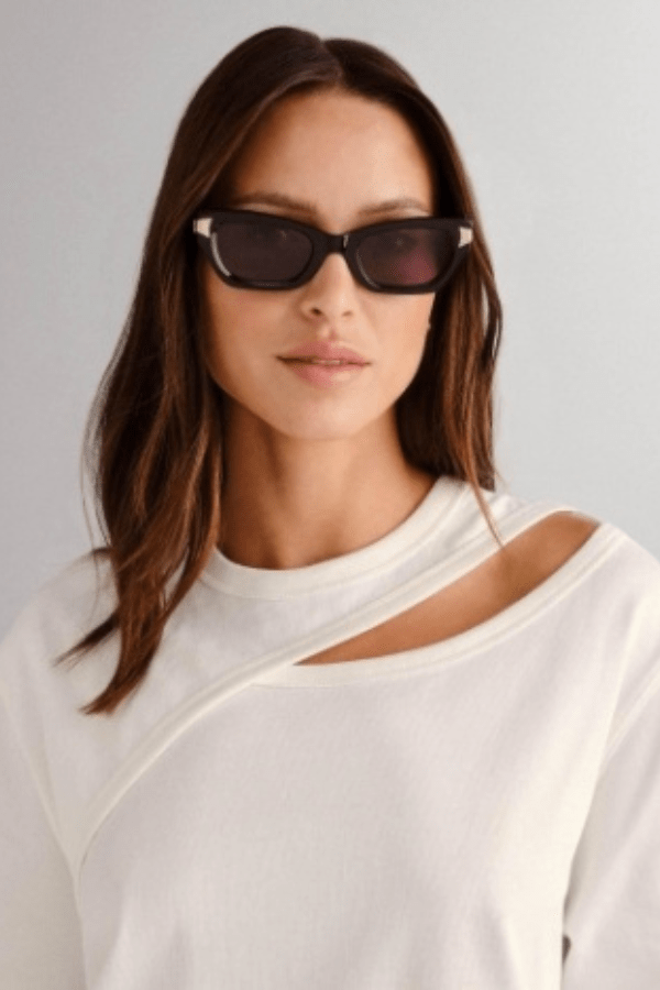 The Cameron Black by Luv Lou, luxurious rectangular cat eye frames in black acetate with gold scalloped details, perfect for chic, elegant looks.