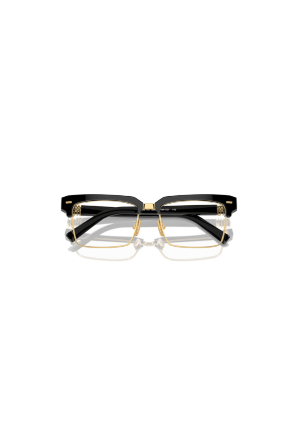 MU 11XV Black by Miu Miu, stylish square mixed material frames with bold vertical logos and metal pins, perfect for trendy, fashion-forward eyewear looks.