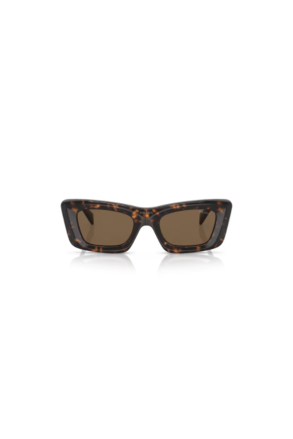 PR 13ZSF Tortoise by Prada, bold tortoise acetate cat eye frames with dark brown lenses and iconic logo, perfect for trendy, sophisticated looks.