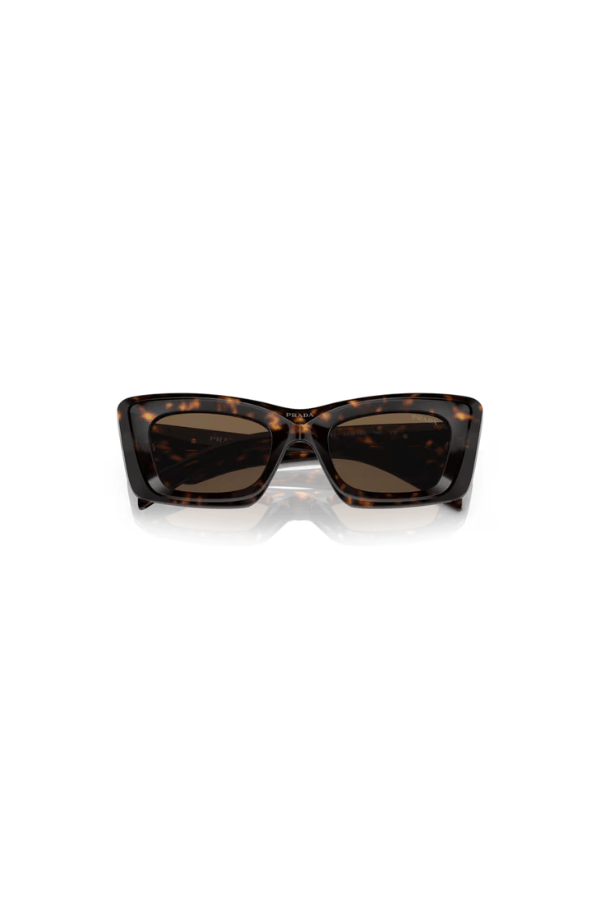 PR 13ZSF Tortoise by Prada, bold tortoise acetate cat eye frames with dark brown lenses and iconic logo, perfect for trendy, sophisticated looks.