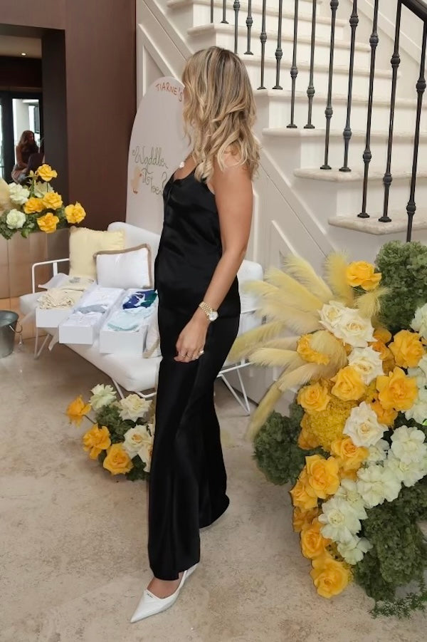 Maja Vest Noir by Sneaky Link, luxurious noir satin vest with drawstring tie and front buttons, perfect for trendy viral layering and polished day-to-night looks.