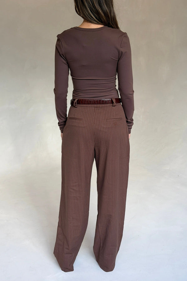 Kinsley Pinstripe Tailored Pant Chocolate Stripe by Sneaky Link, wide leg tailored pants for chic office styling