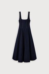 Cotton Mix Denim Square Neck Midi Dress Dark Blue by Odd Muse, fitted denim midi dress, perfect for chic day to night styling