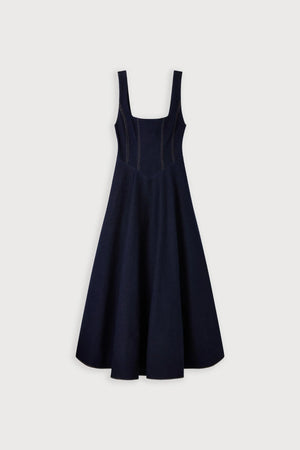 Cotton Mix Denim Square Neck Midi Dress Dark Blue by Odd Muse, fitted denim midi dress, perfect for chic day to night styling
