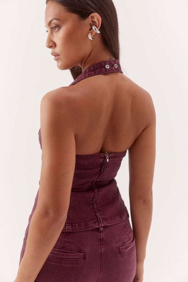 Blaine Denim Bodice Vino by Sovere, halter neck cotton blend denim top with scoop neckline and tailored fit.