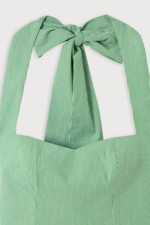 Cotton Pinstripe Mini Dress Green by Odd Muse, halter mini dress with cinched waist and classic pinstripe design
