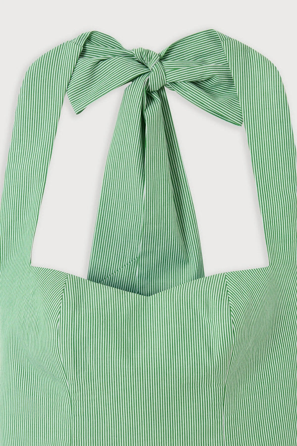 Cotton Pinstripe Mini Dress Green by Odd Muse, halter mini dress with cinched waist and classic pinstripe design
