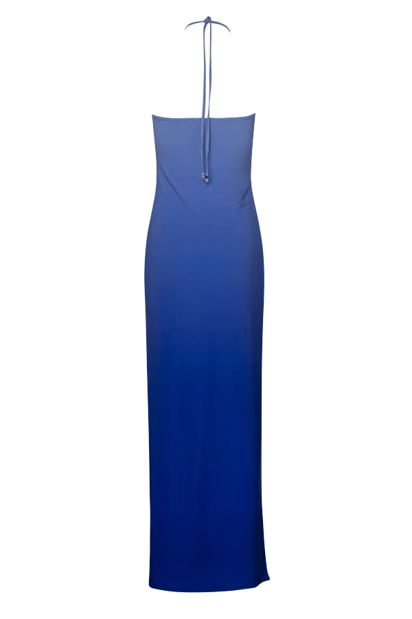 Bari Dress Lapis Lazuli by Baobab – Trendy halter maxi with ruched detailing, embellished accents, and side slit, designed for elegant flow and standout occasions.