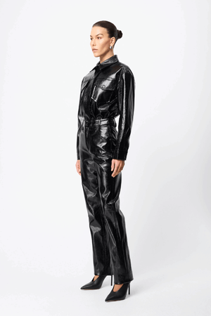 Salt Water Pant Croc by Mossman, high-rise faux croc leather trousers with a straight leg, jean-style pockets, and belt loops. Fierce yet practical for everyday wear.