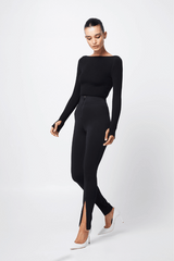Camden Top Black by Mossman, soft double-layered ribbed jersey with boat neckline and thumb sleeves, perfect for trendy layering and chic day-to-night wear.