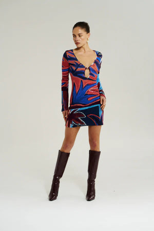 Amie Long Sleeve Mini Dress Bordeaux by Summi Summi - fitted cotton mini dress with long sleeves and print, designed for a flattering feminine silhouette.
