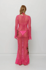 Elke Crochet Maxi Dress Candy by The Wolf Gang, handwoven with floral crochet in a relaxed silhouette. Perfect layered over swimwear this summer.