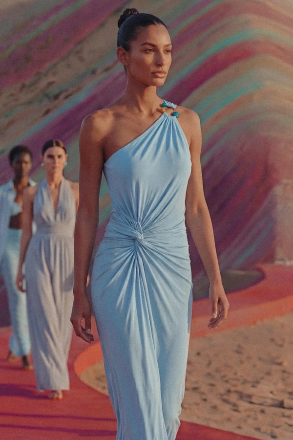 Canoa Maxi Dress Cielo de Puna by Baobab, one shoulder maxi dress with slit, perfect for resort or evening styling