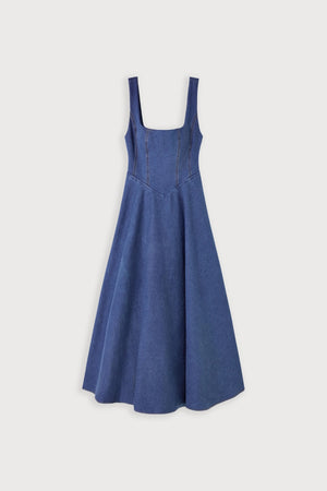 Cotton Mix Denim Square Neck Midi Dress Light Blue by Odd Muse, fitted denim midi dress, perfect for chic day