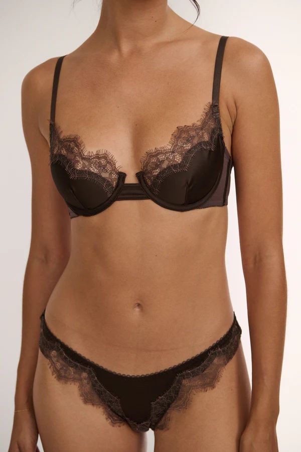 Sorrento Thong in Espresso by Kat the Label, high-cut satin thong with eyelash lace detailing and sheer mesh back, perfect for pairing with the Sorrento Underwire for an elegant, sultry look.