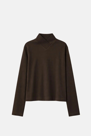 Bessette Long Sleeve Top in Espresso by Camilla and Marc, a sleek high-neck layer with side splits and tonal seam detailing.