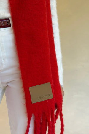 Freya Knitted Scarf Red by Sneaky Link, ultra soft red knit scarf, perfect for cozy winter layering