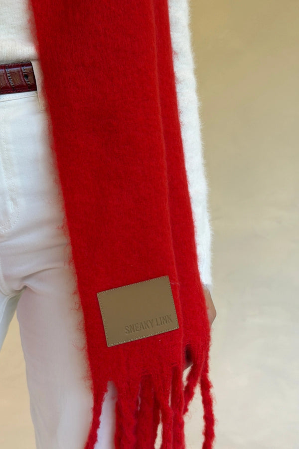 Freya Knitted Scarf Red by Sneaky Link, ultra soft red knit scarf, perfect for cozy winter layering