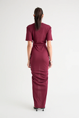 Niko Maxi Dress Burgundy by Pfeiffer – Trendy relaxed T-shirt maxi with adjustable side ruching, crew neck, and breathable cotton blend, perfect for elevated off-duty style and everyday comfort.