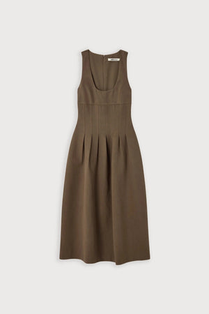 Cotton Mix Cinched Midi Dress Mushroom by Odd Muse, fit and flare dress with boned bodice and full skirt
