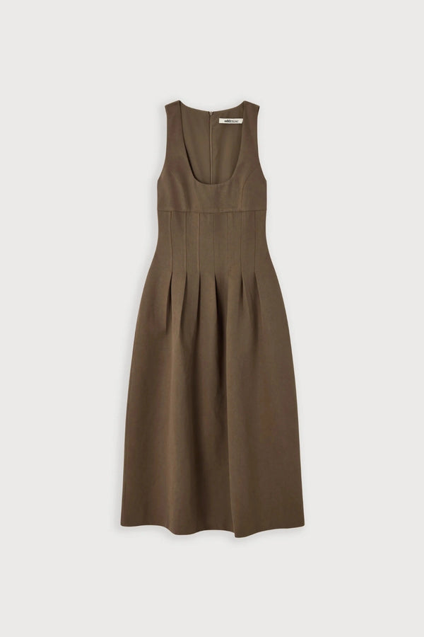 Cotton Mix Cinched Midi Dress Mushroom by Odd Muse, fit and flare dress with boned bodice and full skirt
