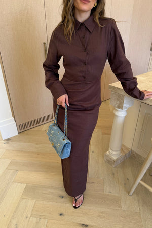 Lefka Long Sleeve Dress Chocolate by Sneaky Link, a breathable linen long sleeve dress with cotton lining for everyday elegance.
