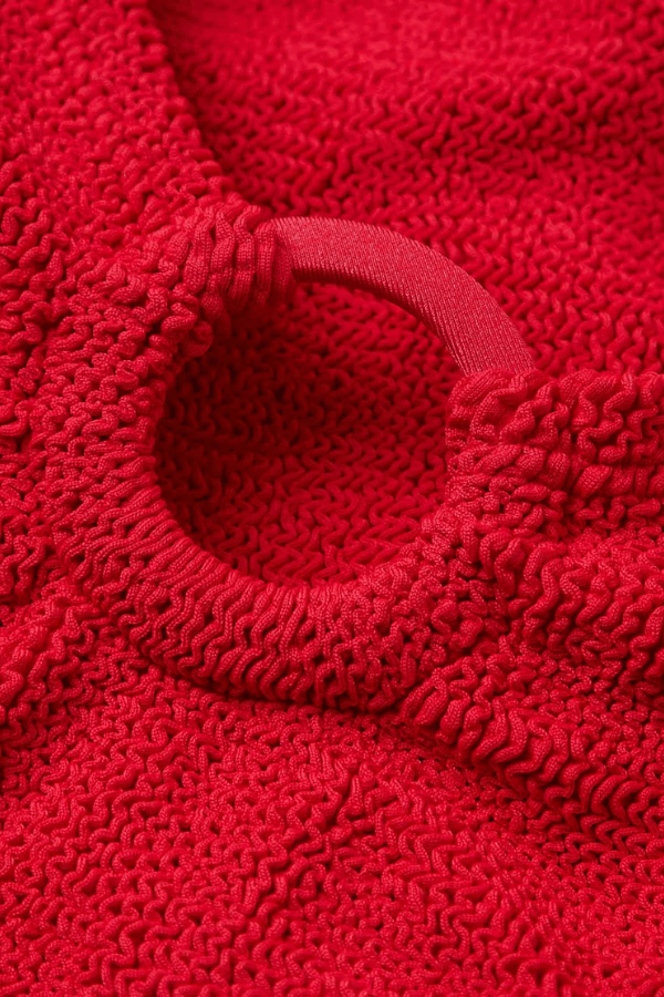 Nadine Bikini With Tonal Hoops Red by Hunza G – Flattering one-size bikini with high-waisted bottoms, tonal hoops, and full bust support.