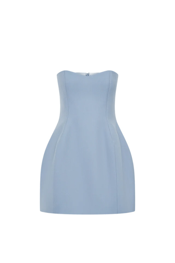 Atlantis Mini Dress Cornflower Blue by Camilla and Marc – A trendy strapless wool mini dress with tailored fit and hip shaping, perfect for sophisticated events.