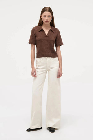Neuw Denim Cecil Knit Polo in Espresso, cropped knit tee with polo collar, ribbed hems, and retro-inspired silhouette.