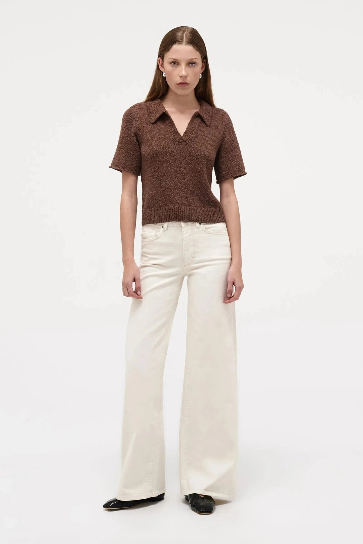 Neuw Denim Cecil Knit Polo in Espresso, cropped knit tee with polo collar, ribbed hems, and retro-inspired silhouette.