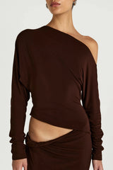 Enya Maxi Dress Chocolate by Benni, off shoulder jersey gown with twist waist, perfect for events or evening styling