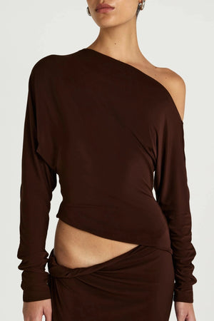 Enya Maxi Dress Chocolate by Benni, off shoulder jersey gown with twist waist, perfect for events or evening styling