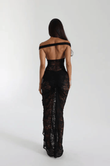 Aubrey Dress Black by Natalie Rolt – A striking lace two-piece with a ruched silhouette and cut-out detail, perfect for chic evening events.