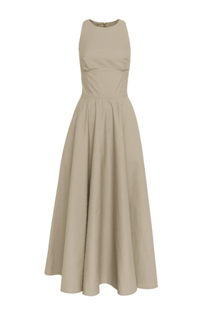 Homage Maxi Dress Eucalyptus by Mossman – A trendy, breathable cotton maxi with a flattering A-line flare and sleek design, perfect for stylish warm-weather days.