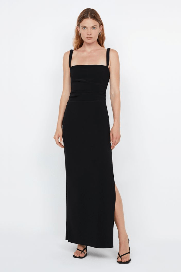 Leora Tuck Maxi Dress Black by Bec + Bridge – A sleek, figure-flattering maxi with delicate straps, waist tucks, and a chic side leg split. Perfect for elegant occasions.
