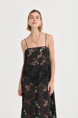 Camilla Crochet Lace Dress Noir by Solaqua – black floral crochet lace maxi dress with spaghetti straps and sheer finish.
