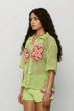 Elke Crochet Shirt Lime by The Wolf Gang, handwoven cotton shirt with floral crochet detail, artisan-made in Bali for an elevated resort look.
