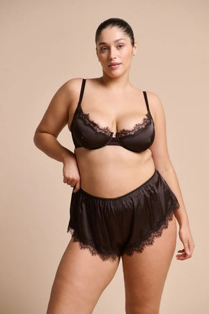 Sorrento Underwire in Espresso by Kat the Label, supportive satin underwire bra with eyelash lace detailing, perfect for offering comfort and timeless elegance.