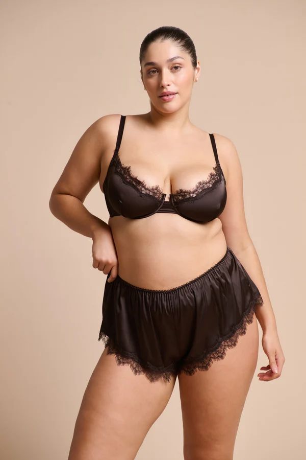 Sorrento Underwire in Espresso by Kat the Label, supportive satin underwire bra with eyelash lace detailing, perfect for offering comfort and timeless elegance.