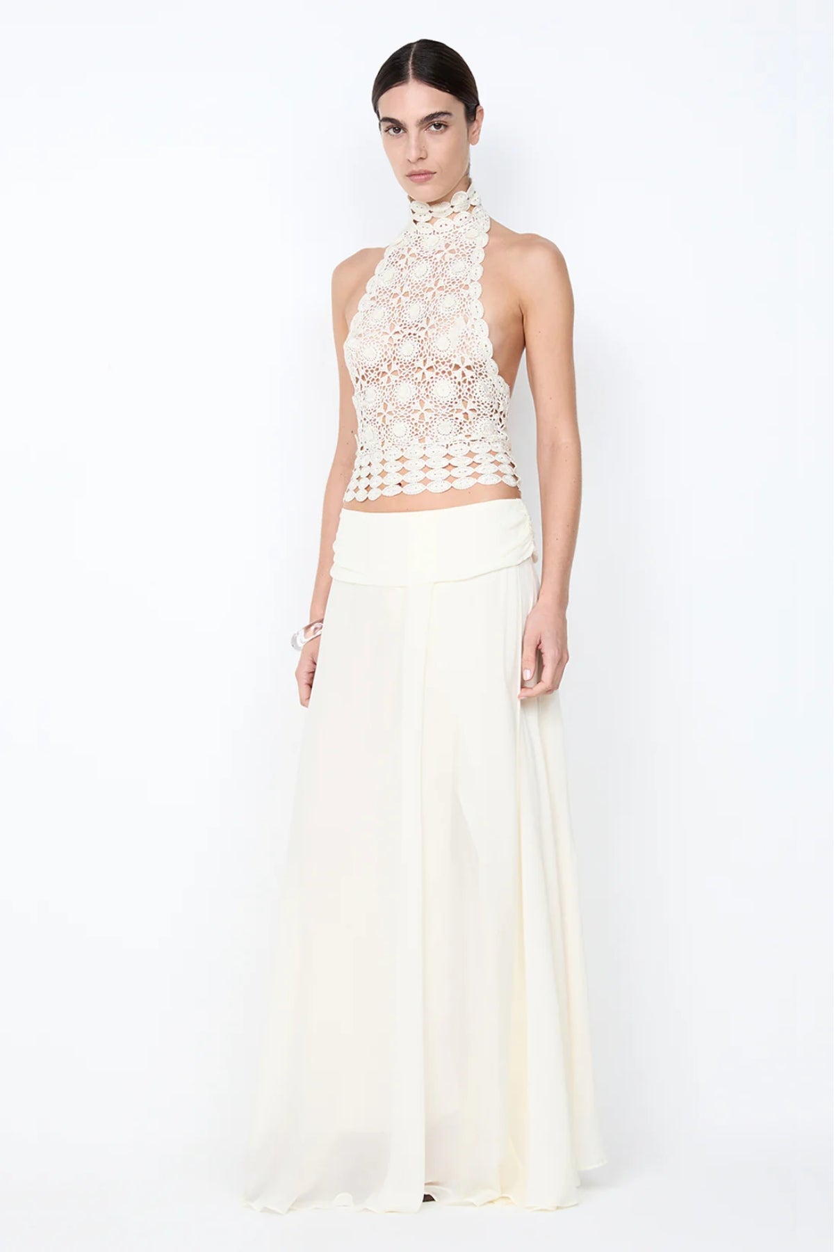 Ania Halter Top Cream by Bec and Bridge, a sheer crochet halter with low back and delicate neck band for elevated resort styling.