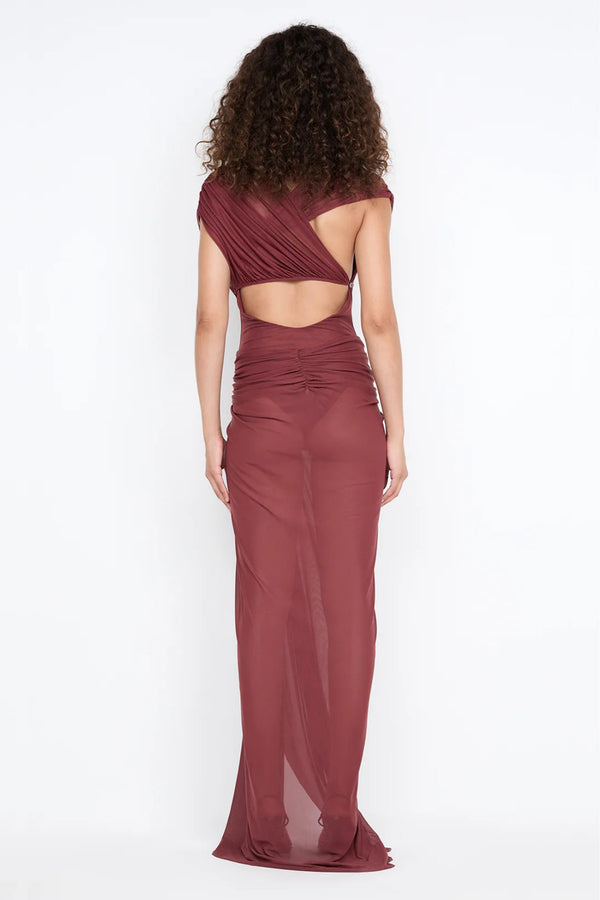 Leia Drape Maxi Dress by Bec and Bridge — a rust mesh gown with a draped twist overlay, front split, and train, perfect for formal events.