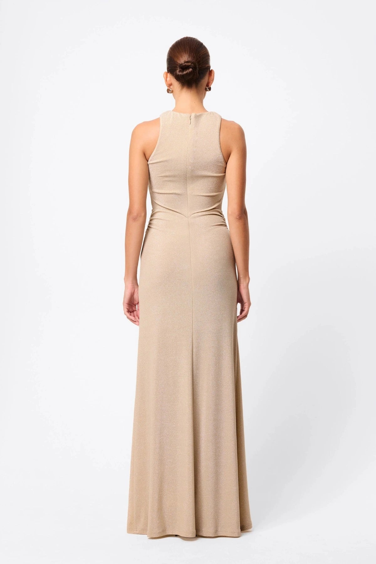 Adore You Maxi Dress by Mossman, a metallic jersey racer maxi with twist waist and fluid skirt that shimmers for weddings or evening events. 
