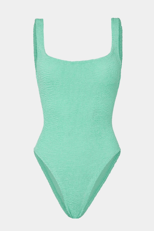 Square Neck Swim Metallic Mint by Hunza G – Timeless one-size swimsuit with scooped back and medium support in sculpting crinkle fabric
